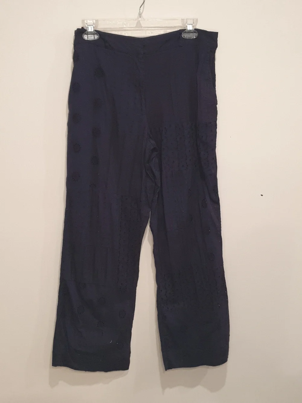 Zara Eyelet Lace Patchwork Navy Blue Embroidered Wide-Leg Pants Size Medium - Picture 4 of 11